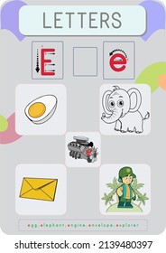 This worksheet contains the spelling of a letter of the alphabet and pictures that begin with that letter.