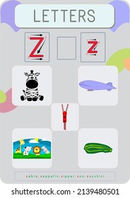 This worksheet contains the spelling of a letter of the alphabet and pictures that begin with that letter.