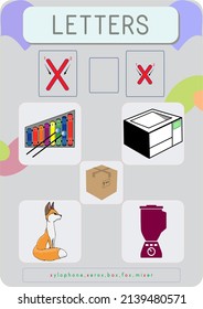 This worksheet contains the spelling of a letter of the alphabet and pictures that begin with that letter.