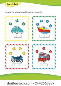 This worksheet is an excellent resource for nursery and kindergarten students to enhance their spelling of essential words such as 'car,' 'boat,' 'bike,' and 'bus.'