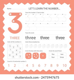 This worksheet introduces children to the number 3. Children will be encouraged to trace, count and recognize the number in the fun activities on this sheet.