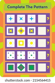 This worksheet is a pattern completion activity. Correct ordering of objects is required.