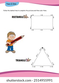 With this worksheet, preschoolers can practice drawing simple shapes and build fine motor skills by tracing along the dashed lines.
