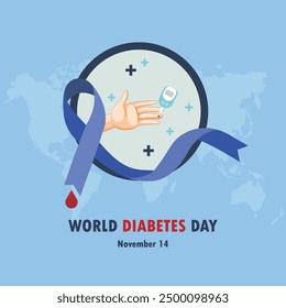 Este diseño de Vector del Día Mundial de la Diabetes consta de un círculo y una cinta azul y una Imagen de una mano que toma una muestra de sangre, con un mapa del mundo en el fondo.
