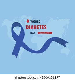 This world diabetes day vector design consists of a blue ribbon and the words world diabetes day, with a world map in the background.