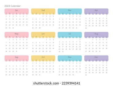 Este es un planificador de año con un calendario de 12 meses para 2023. Ilustración de la plantilla de documento de planificador de calendarios, agenda, agenda, agenda, plan de calendario.