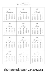 This is year planner with a year 12 month calendar for 2023. Note, scheduler, diary, calendar planner document template illustration.