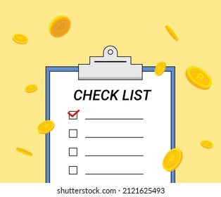 This year's checklist will give you a lot of points illustration set. list, note, coin, point, document. Vector drawing. Hand drawn style.