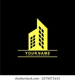 This is a yellow building logo design, suitable for logo designs for contractors, property, building businesses, villa projects, housing, buildings, banners, flyers, building shops