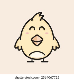 This yellow Chick is the future rooster of the henhouse. Little chick with funny eyes, orange beak, big belly, small wings, cute cheeks and crazy hair filled vector icon.