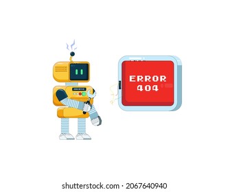 This is a yellow robot hold a wrench. He tried to fix a bug error with error message error 404. It can be use for website illustration or to another purpose