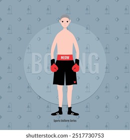 Dieser kleine Junge ist in Boxuniform gekleidet. Der Hintergrund besteht aus Diamant- und Glockenmustern. Die Grundfarbe ist grau-blau.
