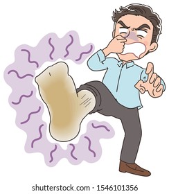 This is a young man. He struggles with the smell of his feet while placing his hand on his nose.