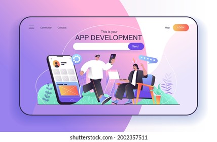 This is your App development concept for landing page. Developers create and optimization mobile applications and programs web banner template. Vector illustration in flat cartoon design for web page
