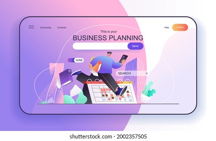 Este es su concepto de planificación empresarial para la página de inicio. Empleado haciendo tareas de trabajo, para hacer lista, calendario de reuniones en la plantilla de banner web de la oficina. Ilustración vectorial en diseño de dibujos animados planos para página web