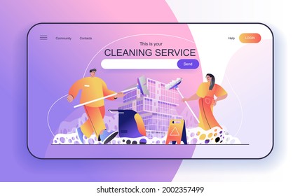 Este es su concepto de servicio de limpieza para la página de inicio. Los empleados de la empresa de limpieza limpian espacios de oficina o hacen planilla de banner web para tareas domésticas. Ilustración vectorial en diseño de dibujos animados planos para página web