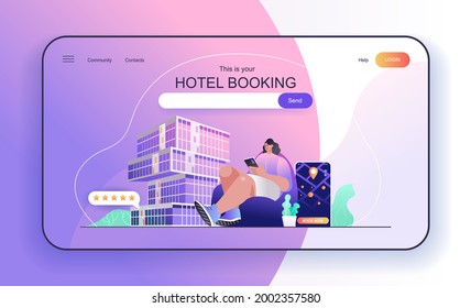 This is your Hotel Booking concept for landing page. Traveler reserves room or apartment in mobile application for vacation web banner template. Vector illustration in flat cartoon design for web page