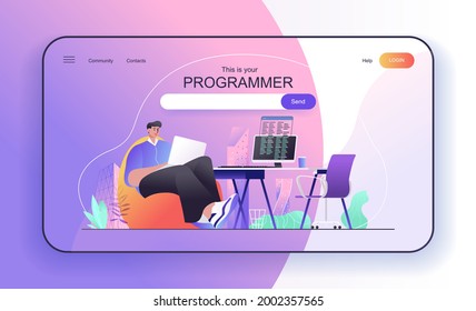 This is your Programmer concept for landing page. Developer works at laptop, writes code on computer, creates programs web banner template. Vector illustration in flat cartoon design for web page
