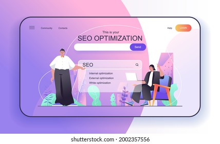 This is your Seo Optimization concept for landing page. Marketers customize search bar and engine, analysis and promotion web banner template. Vector illustration in flat cartoon design for web page