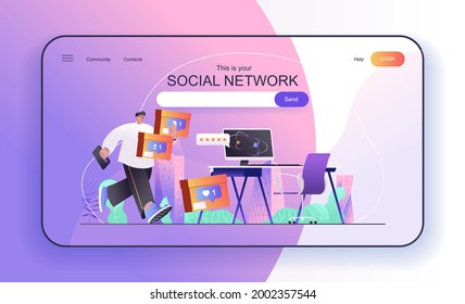 This is your Social Network concept for landing page. Social media user, online communication, blogging and following web banner template. Vector illustration in flat cartoon design for web page