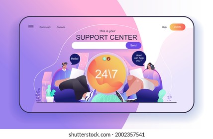 This is your Support Center concept for landing page. Customer support, operators receive calls and messages in call center web banner template. Vector illustration in flat cartoon design for web page