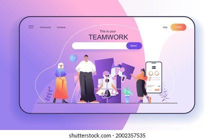 Este es su concepto de trabajo en equipo para la página de inicio. Empresarios y empresarias trabajando juntos, plantilla de banner web de colaboración empresarial. Ilustración vectorial en diseño de dibujos animados planos para página web
