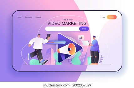 This is your Video Marketing concept for landing page. Video content creation, online promotion strategy, advertisement web banner template. Vector illustration in flat cartoon design for web page