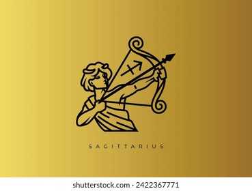 This is Zodiac Stock vector design for Sagittarius. Modern and elegant black line design with gold background.