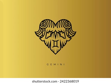 This is Zodiac Stock vector design for Gemini. Modern and elegant black line design with gold background.