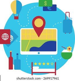 this's illustration of travel topic. It includes gadget with map, money, luggage, drinking coconut, bed with stars, rum, wine, passport, balloon