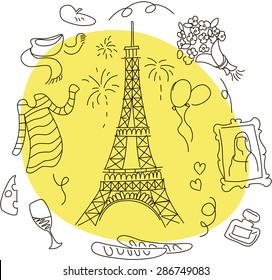 This's linear illustration of Paris topic. Here you can find Eiffel tower,balloon, famous picture from the Louvre Mona Lisa,bouquet of flowers,cheese,wine,sailor suit,perfume,the beret,scarf,baguette