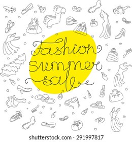 This's perfect linear pattern of fashion summer sale topic. Here you can find linear icon of dress, flat, heels, shoes,hat, ring,sunglasses,skirt,bag,earring,parfume,beads,sandals,cosmetics.