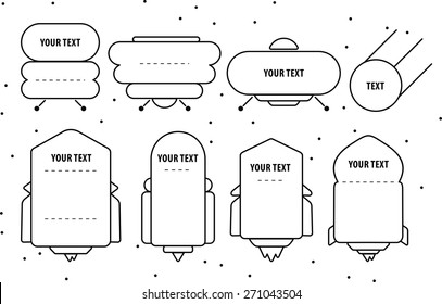This's set of vector linear frame of cosmos topic. It includes a four kind of ufo, four rockets and satellite. You can use it for your web goal, info-graphic, like frame for your text and at you will.