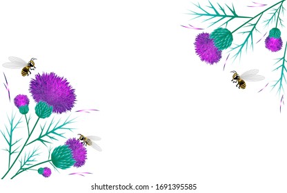 Thistle background greeting card vector image of bees purple and pink