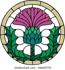 The thistle, the floral emblem of Scotland, vector illustration in stained glass window style, symmetric composition