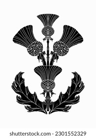 Thistle. Floral floral symmetrical composition. In the style of linocut. Scandinavian rustic ornament. Element for design