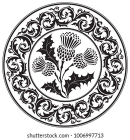 Thistle flower and ornament round leaf thistle. The Symbol Of Scotland, isolated on white, vector illustration