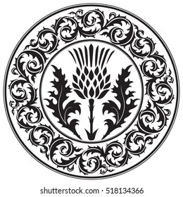 Thistle flower and ornament round leaf thistle. The Symbol Of Scotland, isolated on white, vector illustration