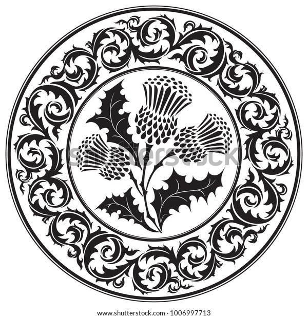 Thistle flower and\
ornament round leaf thistle. The Symbol Of Scotland, isolated on\
white, vector\
illustration