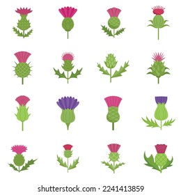 Thistle icons set flat vector. Scottish flower. Blossom plant isolated