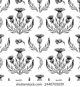 Thistle illustration. Seamless pattern, realistic hand drawn vector sketches