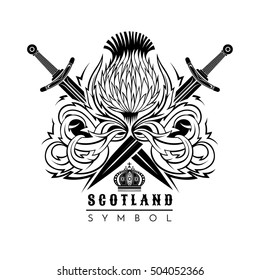 Thistle with leaf pattern and crossed swords. Symbol of Scotland design element black on white