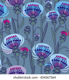 Thistle with leaves and stems purple blue and green a seamless pattern on a green gray background.