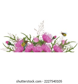 Durst auf der Wiese. Wiesengras. Wildblumen und Bienen. Horizontaler Rahmen für Hochzeitseinladung. Vektorgrafik. Einzeln auf weißem Hintergrund.