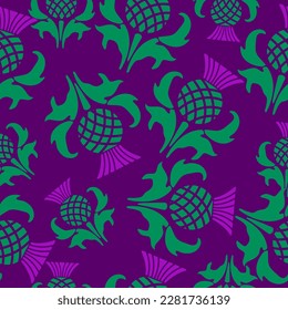 Thistle - National symbol of Scotland seamless pattern. Scotland fabric. Thistle flower repeated background. Bright print for fabric or wallpaper. Vector illustration