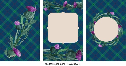 Thistle on tartan background. Burns Night -  national holiday in Scotland. Template for invitation, poster, flyer, banner, etc.