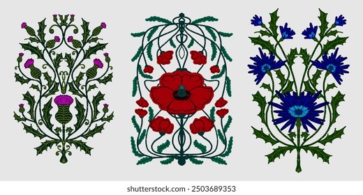 thistle, poppy, cornflower, ornament element texture boho folk art style vector