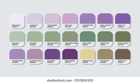 Thistle (Scotland) Flower Color Palette, Thistle Flower Color Guide Palette with Color Names. Catalog Samples of Onopordum acanthium colors with RGB HEX code. Fashion Trend purple or violet color tone