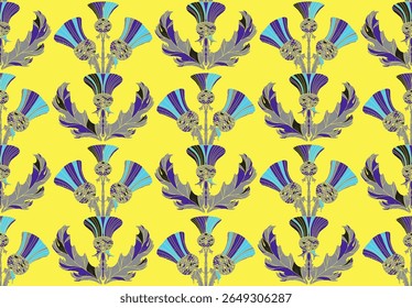 Thistle. Seamless floral pattern with stylized decorative flowers and leaves in folk art style. Vintage ornamental print inspired by traditional motifs.