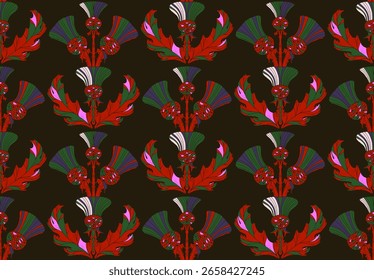 Cardo. Patrón floral sin fisuras con flores y hojas decorativas estilizadas en estilo de arte popular. Estampado ornamental de Antiguas inspirado en motivos tradicionales.